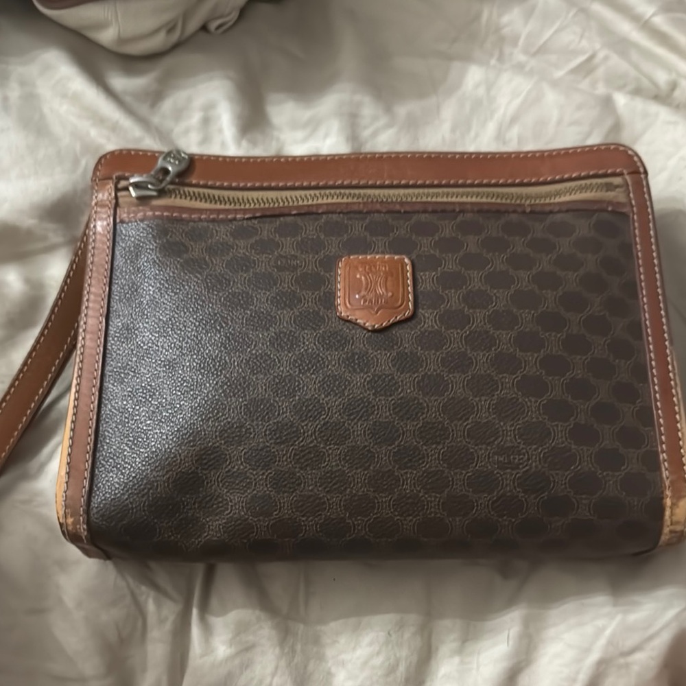 Celine Brown Toiletry Bag with Monogram Pattern and Leather Trim